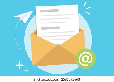 Envelope mail opening for send message, Newsletters, Email subscription open with document paper inside.