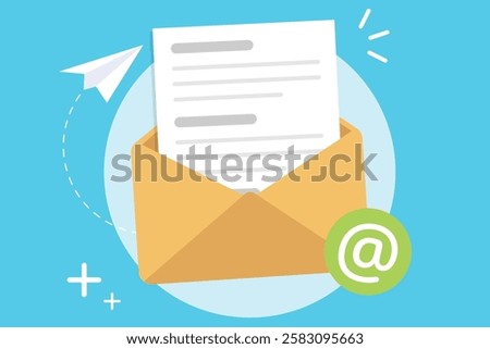 Envelope mail opening for send message, Newsletters, Email subscription open with document paper inside.