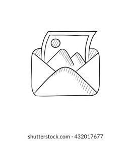 Envelope mail with photo vector sketch icon isolated on background. Hand drawn Envelope mail with photo icon. Envelope mail with photo sketch icon for infographic, website or app.