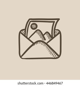 Envelope mail with photo vector sketch icon isolated on background. Hand drawn Envelope mail with photo icon. Envelope mail with photo sketch icon for infographic, website or app.