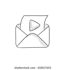 Envelope mail with play button vector sketch icon isolated on background. Hand drawn Envelope mail with play button icon. Envelope mail with play button sketch icon for infographic, website or app.