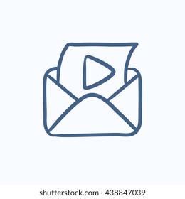 Envelope mail with play button vector sketch icon isolated on background. Hand drawn Envelope mail with play button icon. Envelope mail with play button sketch icon for infographic, website or app.