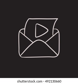 Envelope mail with play button vector sketch icon isolated on background. Hand drawn Envelope mail with play button icon. Envelope mail with play button sketch icon for infographic, website or app.