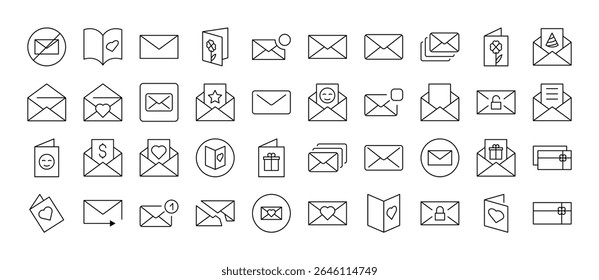 Coleção De Ícones De Envelope, Correio, Linha Postal. Outline Signs para Gráficos e Web Design, Apps, Anúncios, Vários Cartões 