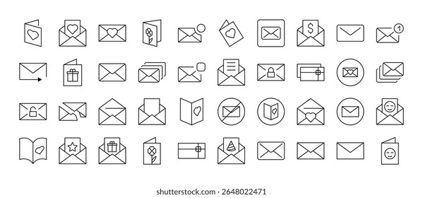 Pacote De Ícones De Envelope, Correio, Linha Postal. Outline Signs para Gráficos e Web Design, Apps, Anúncios, Vários Cartões 