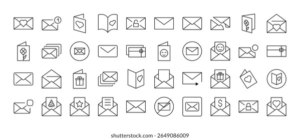 Pacote De Ícones De Envelope, Correio, Linha Postal. Outline Signs para Gráficos e Web Design, Apps, Anúncios, Vários Cartões 