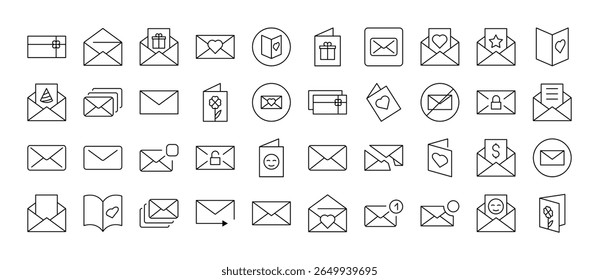 Conjunto De Ícones De Envelope, Correio, Linha Fina Postada. Outline Signs para Gráficos e Web Design, Apps, Anúncios, Vários Cartões 