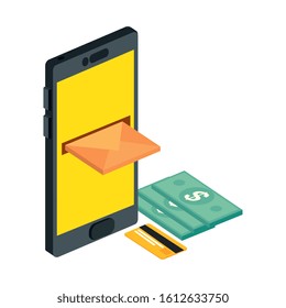 envelope mail with smarttphone and bills vector illustration design