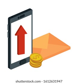 envelope mail with smarttphone and pile coins vector illustration design