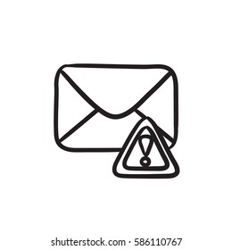 Correo sobre con icono de esbozo de vector de señal de advertencia aislado en el fondo. Mensaje de sobre dibujado a mano con un icono de señal de advertencia. Icono de boceto de correo de sobres para infografía, sitio web o aplicación.