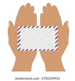 The envelope is mailed on the palms. The hands of a man on a white background hold a paper letter. Women's hands, palms up, vector drawing.