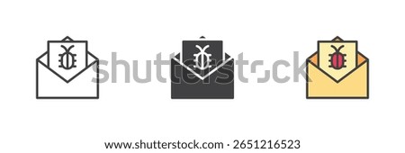 Envelope with malware bug icon set in line, solid and filled outline style. Email virus or phishing symbol icon. Cyber attack sign vector pack.