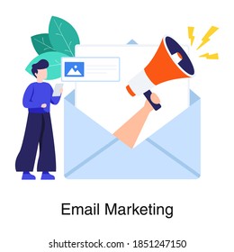 Sobre con megáfono, diseño plano de email marketing