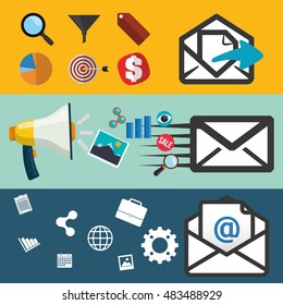 envelope megaphone lupe target gear picture and share icon. Email marketing message communication and media theme. Colorful design. Vector illustration