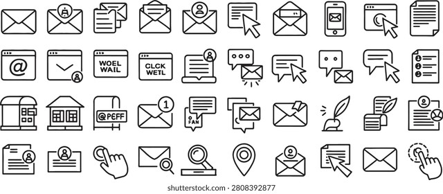 Envelope and Message Icons Set with Cursor, Notifications, and Email Symbols in Clean Outline Vector Style