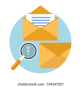 Envelope message with magnifying glass in retro style