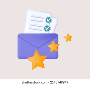 Envelope with message and successful result 3d. High skill, feedback, experience. Great level of professionalism. Paper form of a document, message or letter with open envelope and a star. Vector