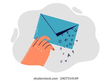 Envelope with messages in recipients hand is notification from advertising email newsletter with commercial offer. Concept of exchanging messages or important information through postal service