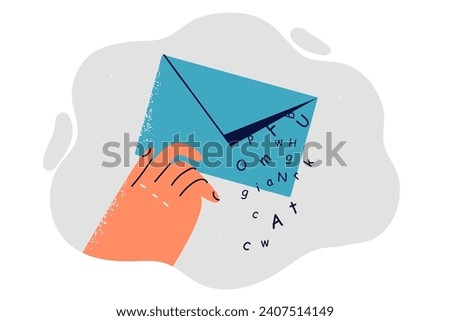 Envelope with messages in recipients hand is notification from advertising email newsletter with commercial offer. Concept of exchanging messages or important information through postal service
