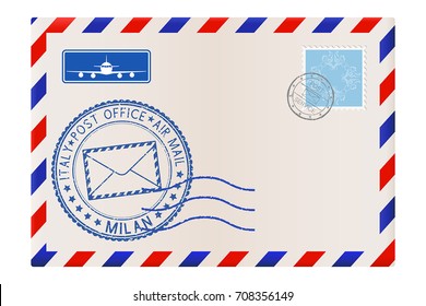 Envelope with MILAN stamp. International mail postage with postmark and stamps. Vector illustration