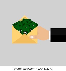 Envelope with money (dollars) in hand. Vector illustration. Flat design for business financial marketing banking advertising web concept cartoon illustration.