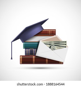 Envelope with money in front of a stack of books and graduation cap. Bribery and corruption in education. Icon isolated on white background. Vector illustration.