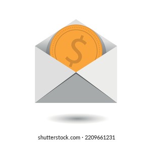 envelope money icon. Dollar donation symbol, letter on white background. Money sign for mobile concept or web design. Vector graphics.
