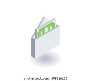 Envelope with money icon, vector symbol in flat isometric 3D style isolated on white background.