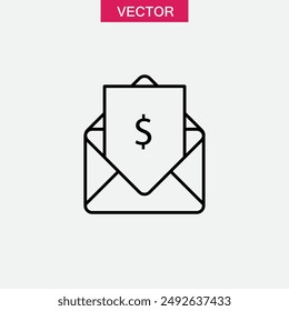 Sobre con el icono del contorno de la notificación del dinero. Ilustración plana simple negra para el Web y el App en el fondo blanco...