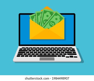 Envelope with money on laptop screen. Money transfer concept. Online banking illustration