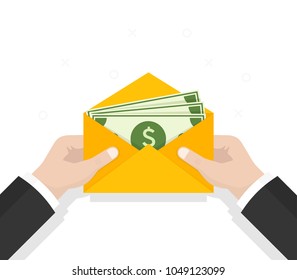 Envelope With Money. Open Envelope With Dollars. Vector Illustration In Flat Style. Sending, Receiving, Rewarding. Financial Gift. Cash Icon