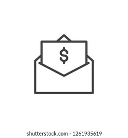 Envelope with Money outline icon. linear style sign for mobile concept and web design. Cash Dollar salary envelope simple line vector icon. Symbol, logo illustration. Pixel perfect vector graphics