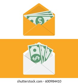 Envelope with money. Set of white and yellow paper open envelope with dollars. Sending, receiving, rewarding. Financial gift. Cash icon flat design. Isolated on background. Vector illustration.