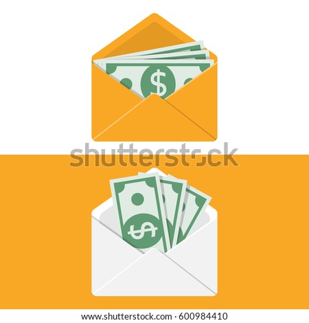 Envelope with money. Set of white and yellow paper open envelope with dollars. Sending, receiving, rewarding. Financial gift. Cash icon flat design. Isolated on background. Vector illustration.