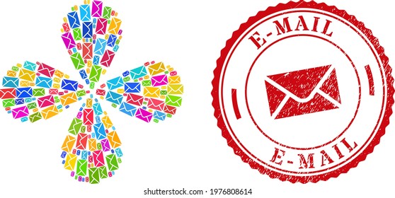 Envelope multi colored centrifugal bang, and red round E-MAIL rubber print. Envelope symbol inside round stamp print. Object centrifugal explosion designed from scattered envelope symbols.