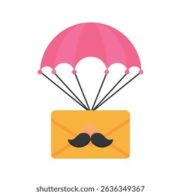 An envelope with a mustache that descends using a parachute, symbolizing a message of love to dad sent in a special way
