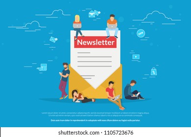 Envelope with a newsleter concept vector illustration of young man and woman receiving commercial letters and promotion offers on laptop, digital tablets and smart phones. Flat newsletter subscribers