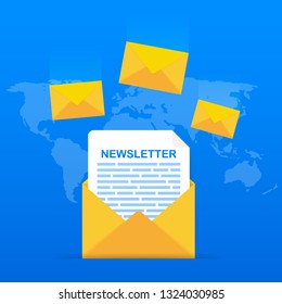 Envelope with a newsletter concept. Open message with the document. Subscribe to newsletter concept. Vector stock illustration.