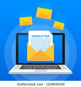 Envelope with a newsletter concept. Open message with the document. Subscribe to newsletter concept. Vector stock illustration.