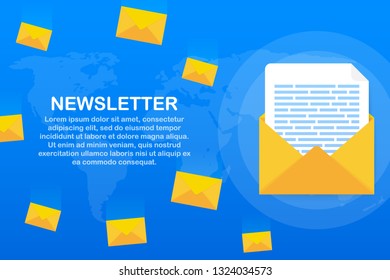 Envelope with a newsletter concept. Open message with the document. Subscribe to newsletter concept. Vector stock illustration.