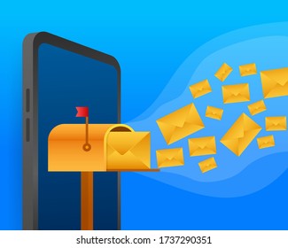 Umschlag mit einem Newsletter-Konzept. Öffnen Sie die Meldung mit dem Dokument. Abonnieren Sie das Newsletter-Konzept. Vector Stock Illustration.