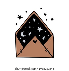 Envelope with night sky, moon and stars inside, colored illustration, magic symbol of witchcraft, boho tattoo, hand drawing in vintage design. Esoteric vector illustration isolated on white background