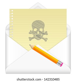 Envelope, notebook sheet, pencil and symbol on a white background.