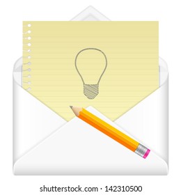 Envelope, notebook sheet, pencil and symbol on a white background.