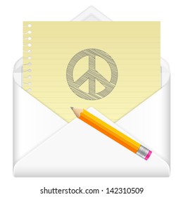 Envelope, notebook sheet, pencil and symbol on a white background.