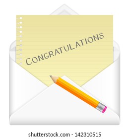 Envelope, notebook sheet, pencil and symbol on a white background.