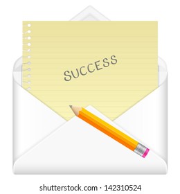 Envelope, notebook sheet, pencil and symbol on a white background.