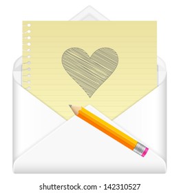 Envelope, notebook sheet, pencil and symbol on a white background.