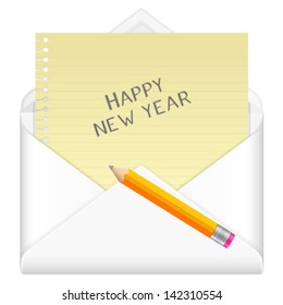 Envelope, notebook sheet, pencil and symbol on a white background.