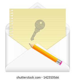 Envelope, notebook sheet, pencil and symbol on a white background.